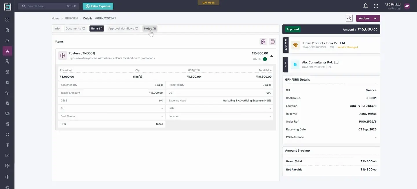 In the Items section, you'll see the items that you've created in the GRN SRN.
