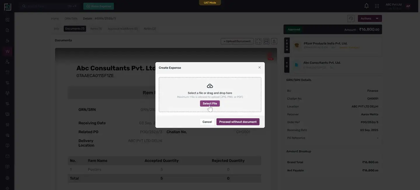 To create an expense, select the document file