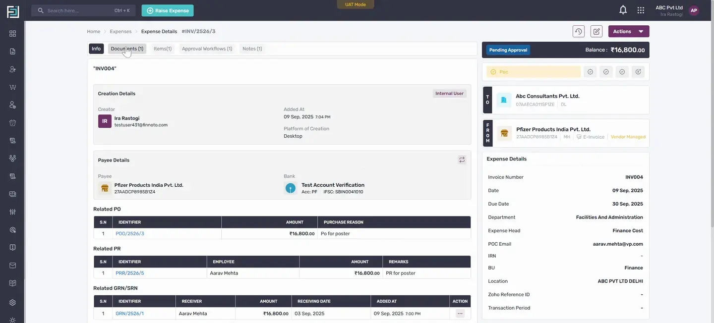Once saved, under the Info tab, you'll see the related PO, PR, and GRN SRN.