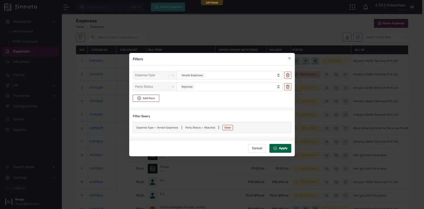 Now to apply this filter on the expense listing, you have to click on the apply button.