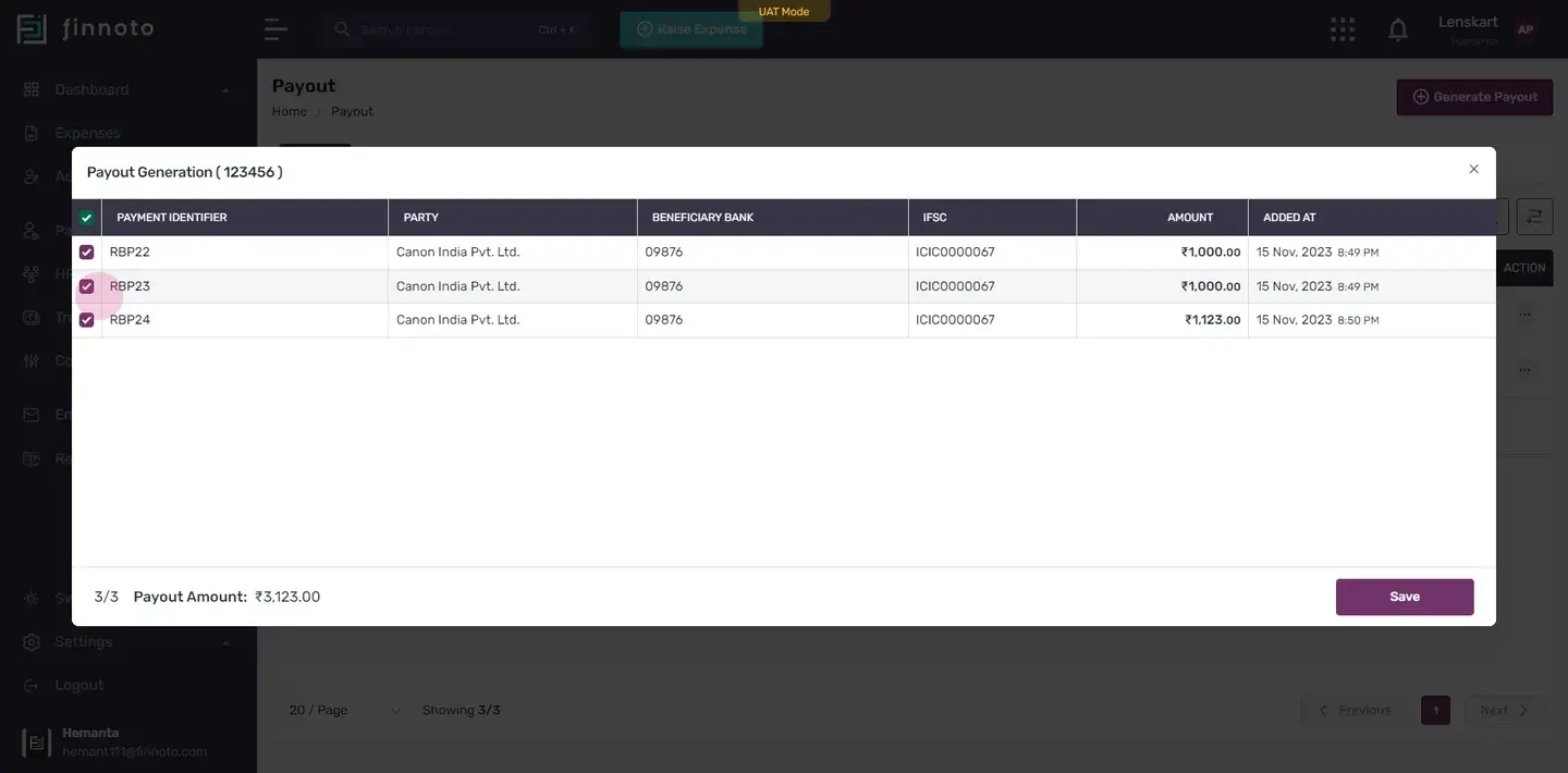 A list of payments for which payouts have not been generated will appear. Choose whether to select all payments or pick 