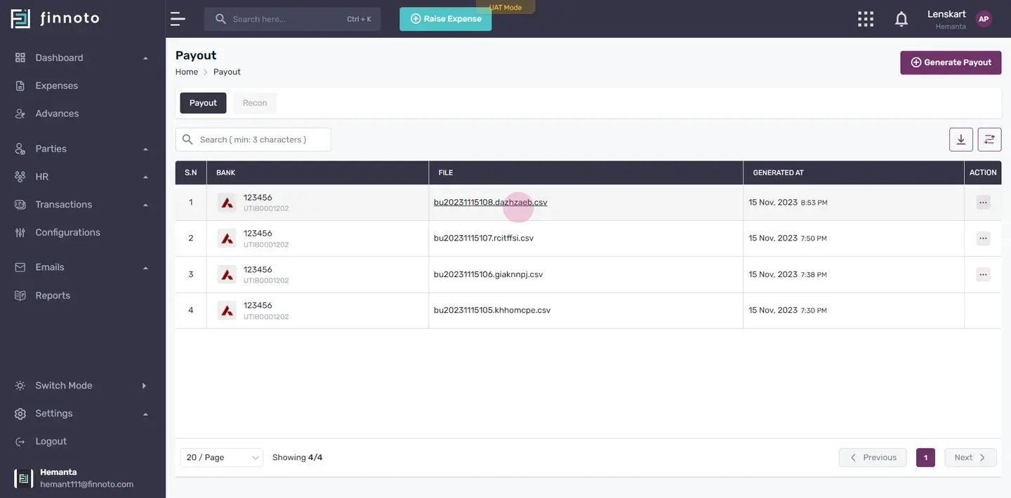 In the "Generated At" column of the CSV file, find the date and time of payout generation.