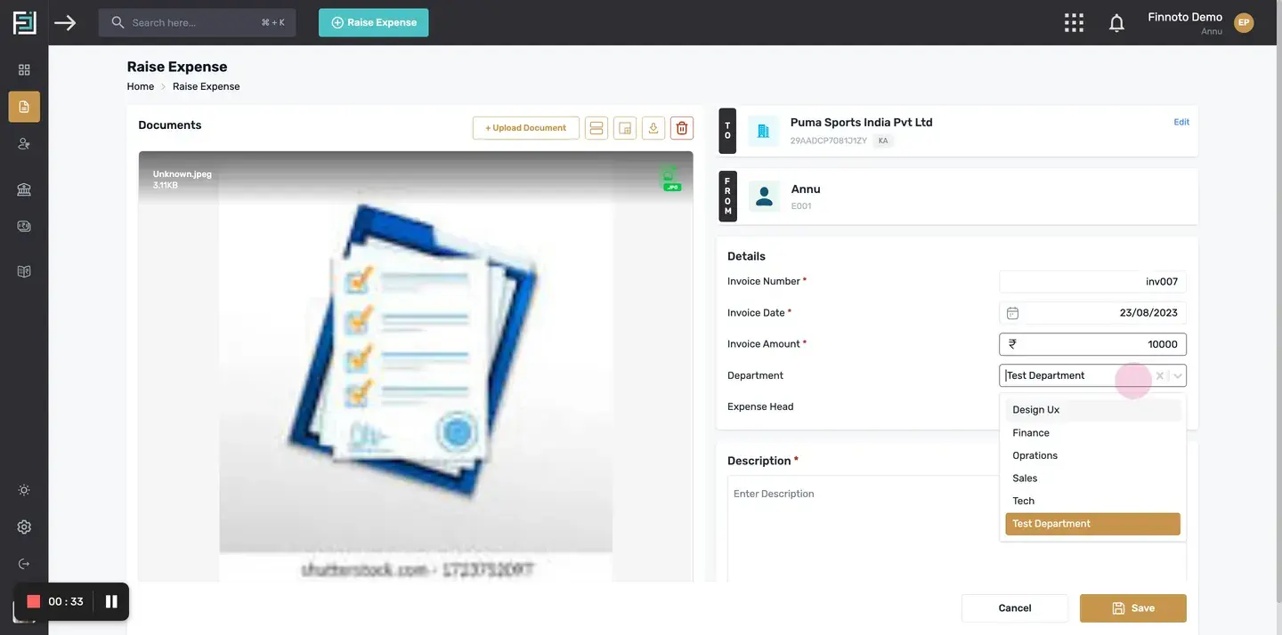 Select "Department" from the drop-down menu.*Note:* The system will automatically fetch the department of the employee r