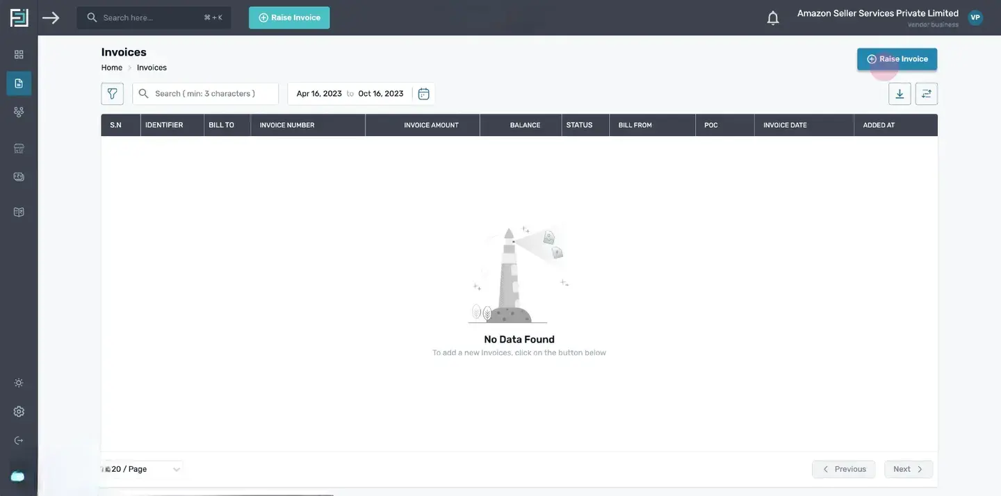 To initiate the invoice creation process, either click the "Raise Invoice" button at the top of the homepage or navigate
