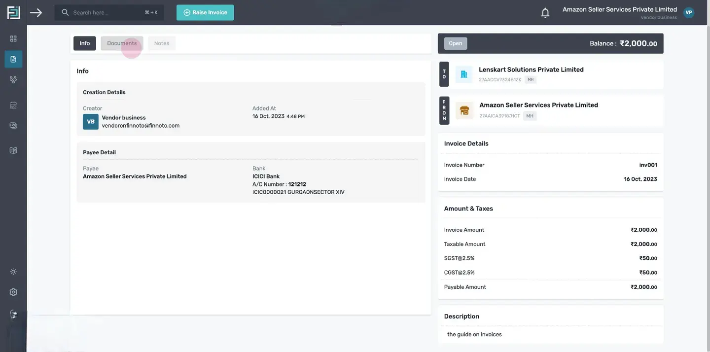Invoice Detail Page: Once saved, the invoice details page will open.Now you can verify the payee details, the creation d