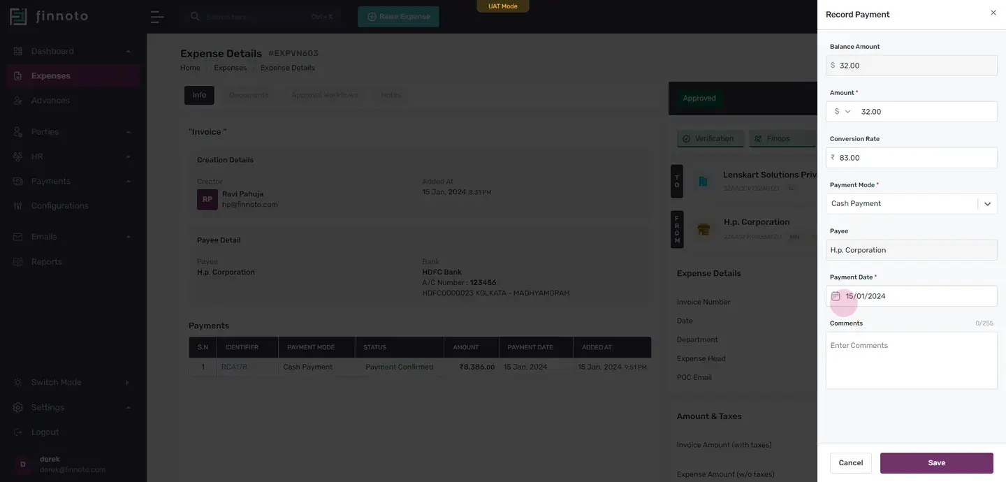 Select the payment mode, enter or select the date, and save it.