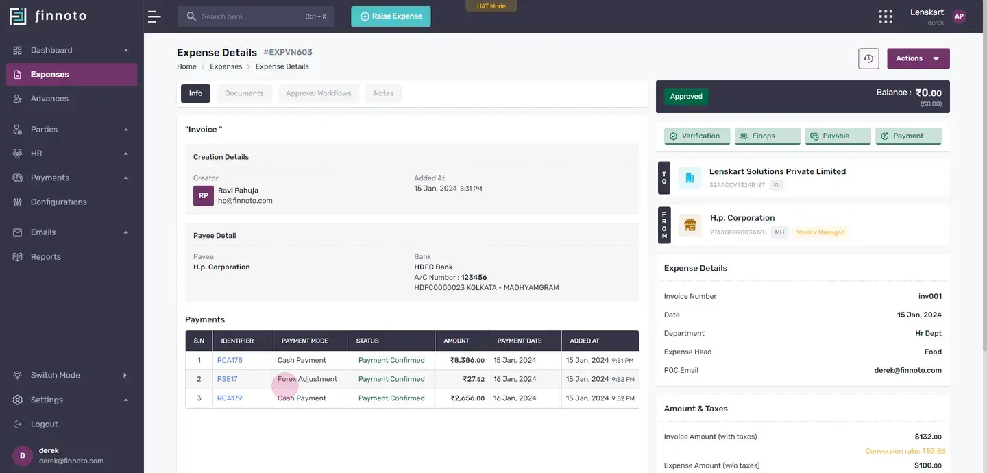 Here, you can see in the payment line that the the currency rate that you have changed is adjusted in the forex adjustme