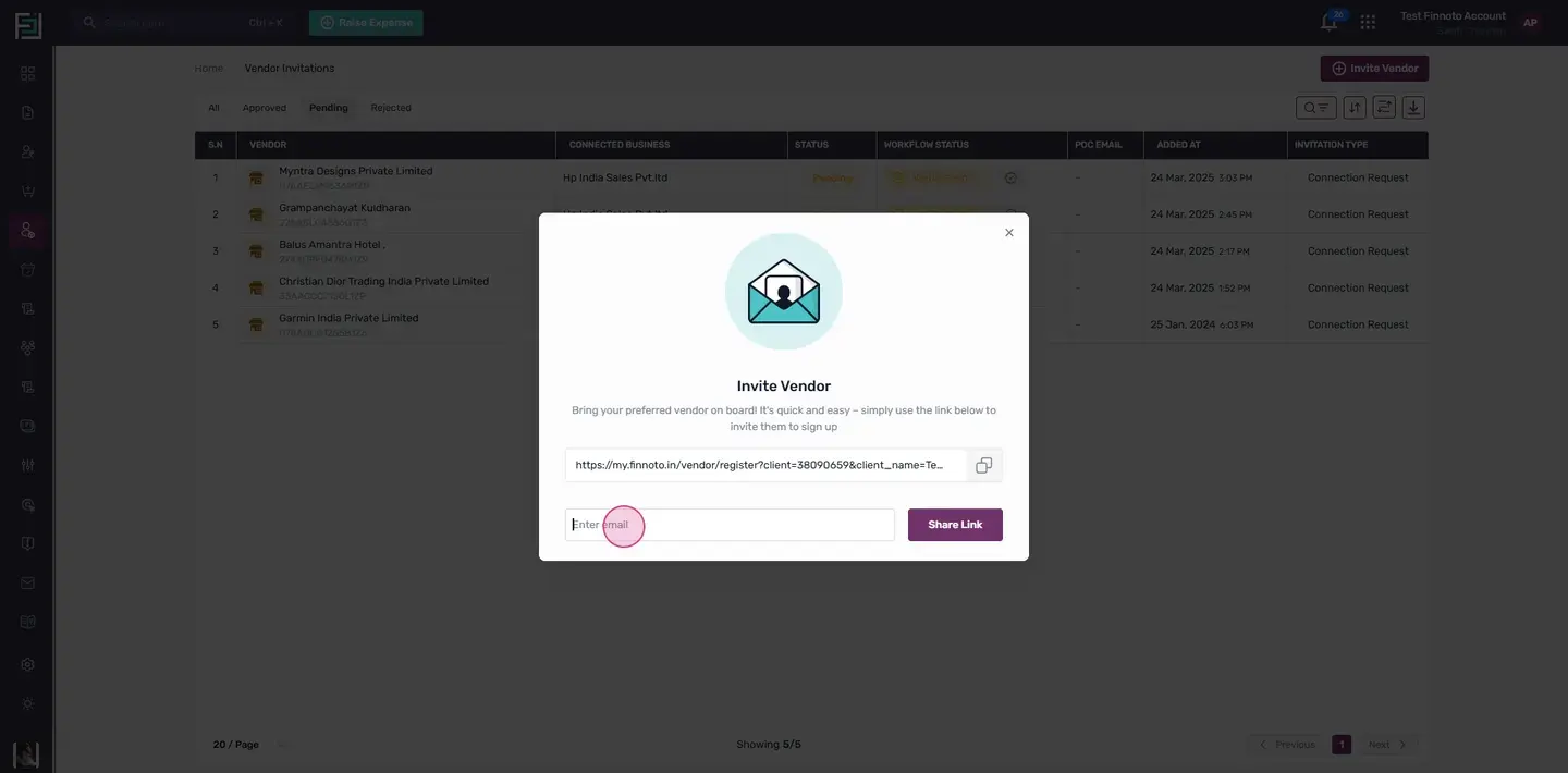 A Vendor invitation model will open