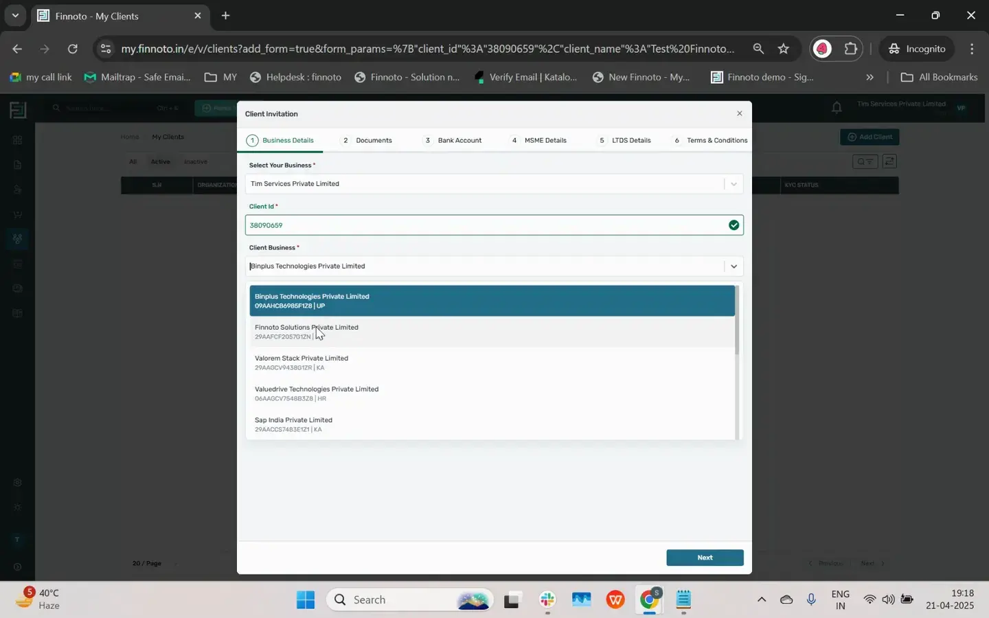 Using the client ID, all businesses related to this particular client will appear. Select the business you want to conne