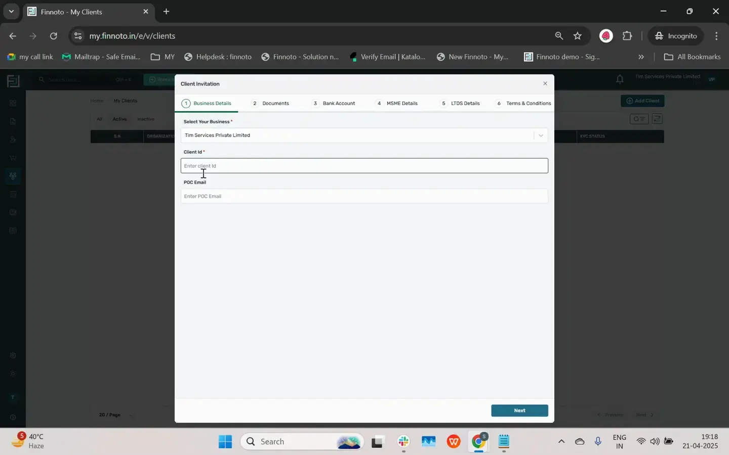 If you logged out after vendor onboarding, log in to your vendor portal and navigate to the My Client section. Click Add
