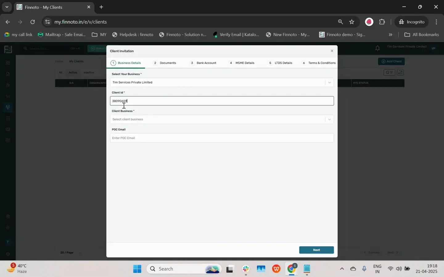 Enter the client ID given in the vendor invitation