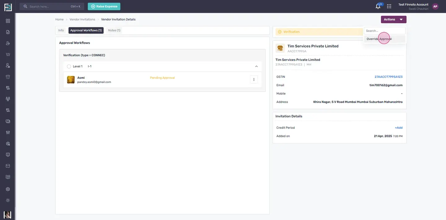 The AP user can approve the vendor invitation
