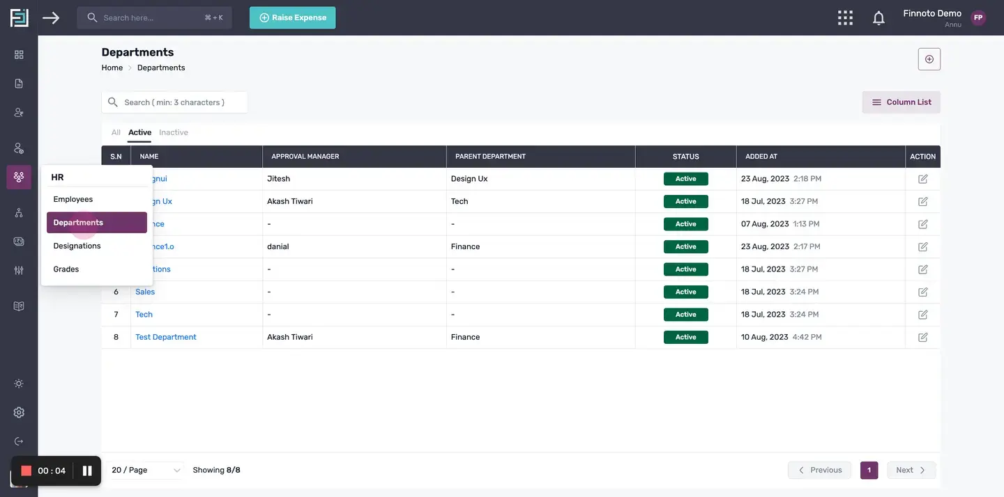 To begin, navigate to the HR section in Finnoto and click on "Departments". OR Alternately,Click on "Create Department"