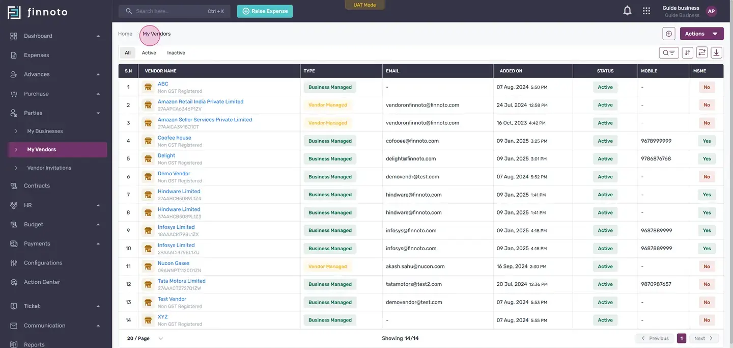 On the vendor listing page, locate the add vendor button on the top right.
