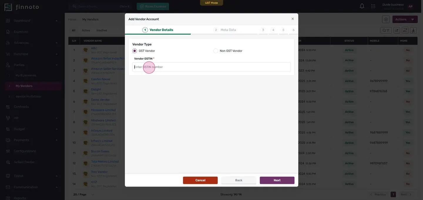 Choose the type of vendor you're adding