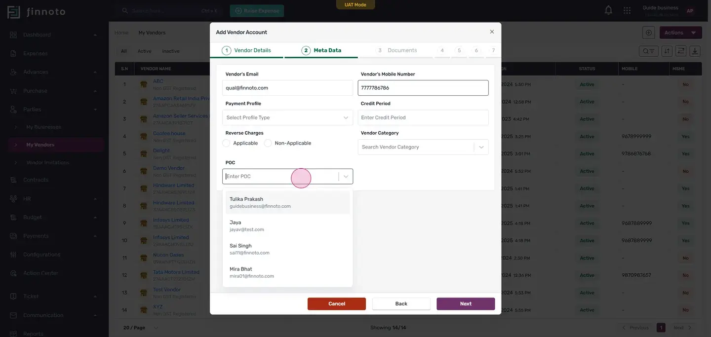 In the metadata stage, enter the vendor's mobile number, email, payment profile, credit period, reverse stars, and vendo