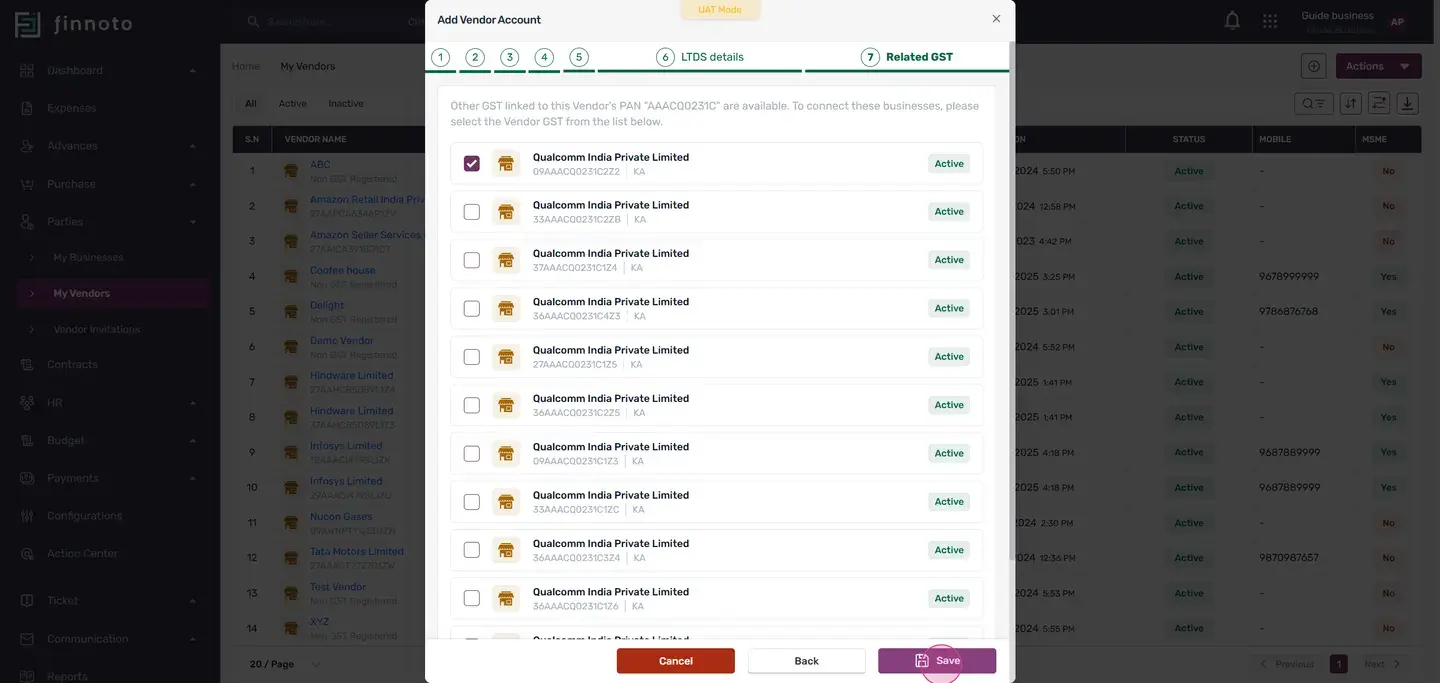 After selecting your vendors, click save.