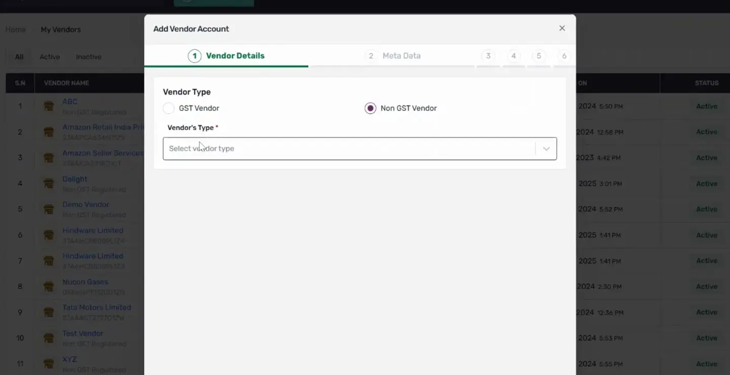 A field titled Vendor Type will appear