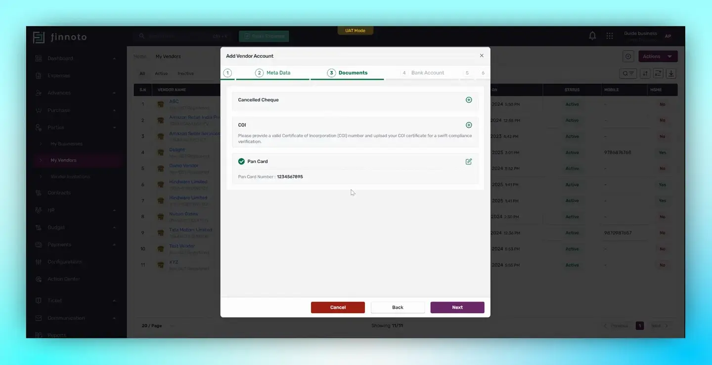 Upload the required documents for the vendor in the document section.
