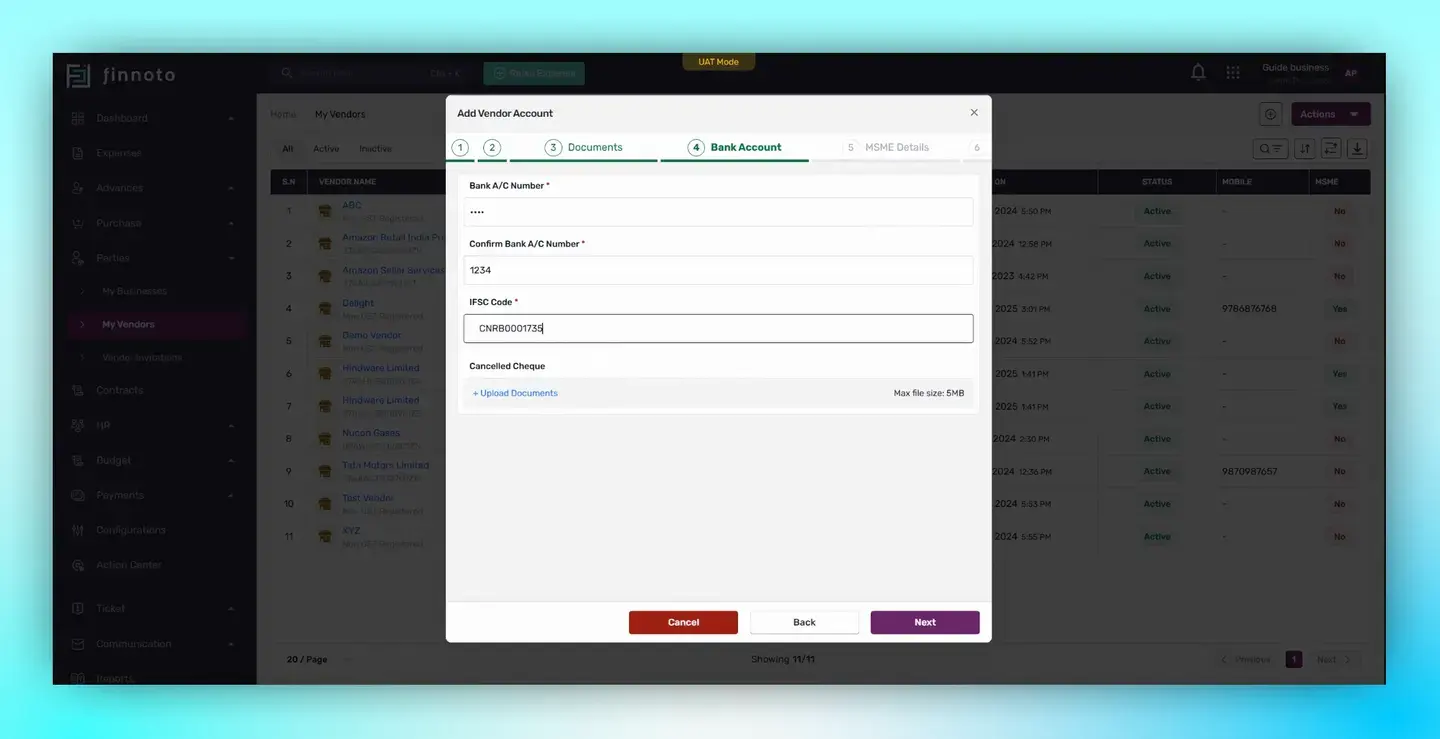 Upload a cancelled check to verify the bank account belongs to the vendor.