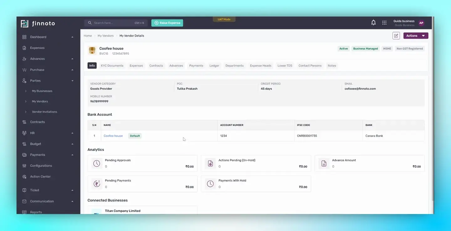 Upon saving, the Vendor detail page will open displaying all the vendor details.