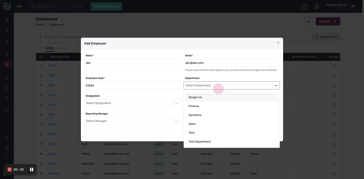 Fill in the required information, such as the employee's name, email, and employee code.