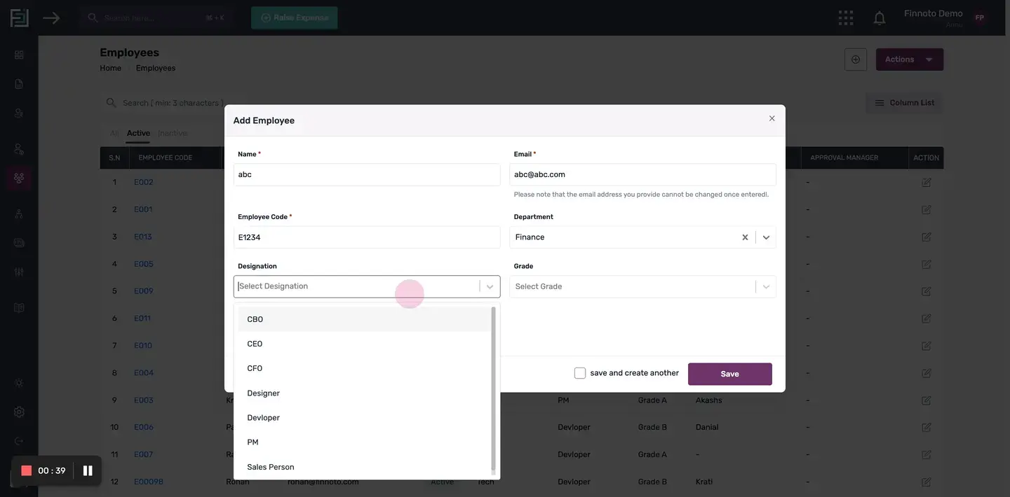 Choose the appropriate department, designation,grade and reporting manager for the employee from the respective dropdown