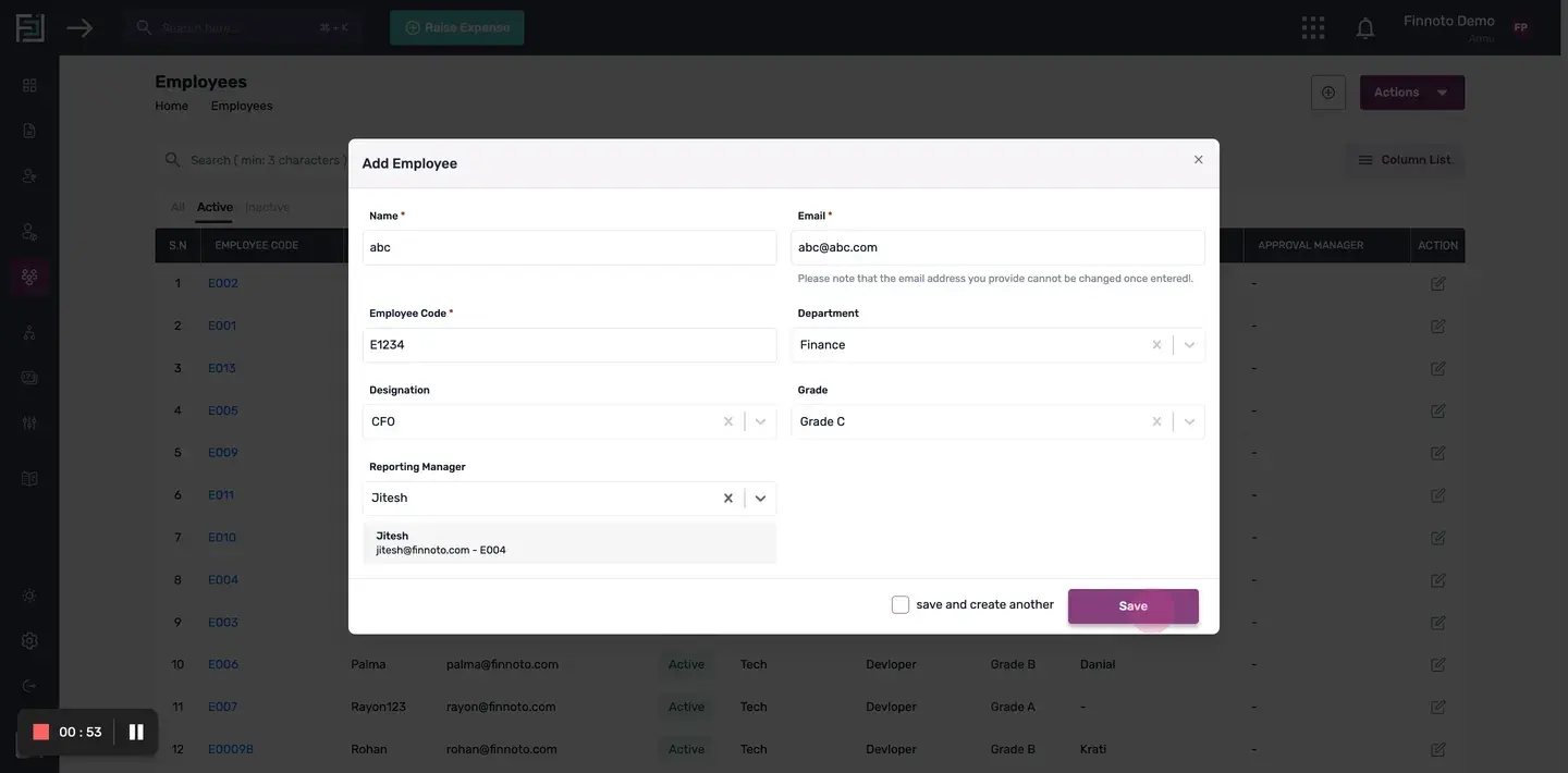 Saving the Employee: Check the "Save and Create Another" checkbox if you want to add another employee. else click on the
