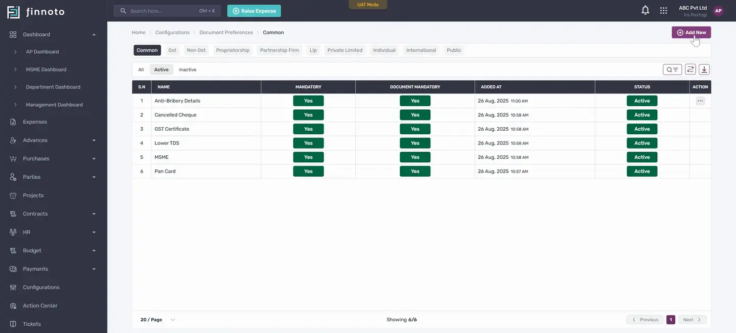Now, you're in Preferences. Here, set the documents needed from the vendor during onboarding or for KYC documentation.