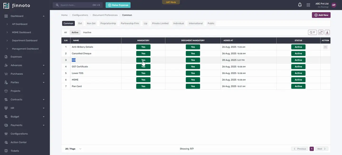 You'll see the document under the selected tab. It's now a mandatory document for the vendor to upload.