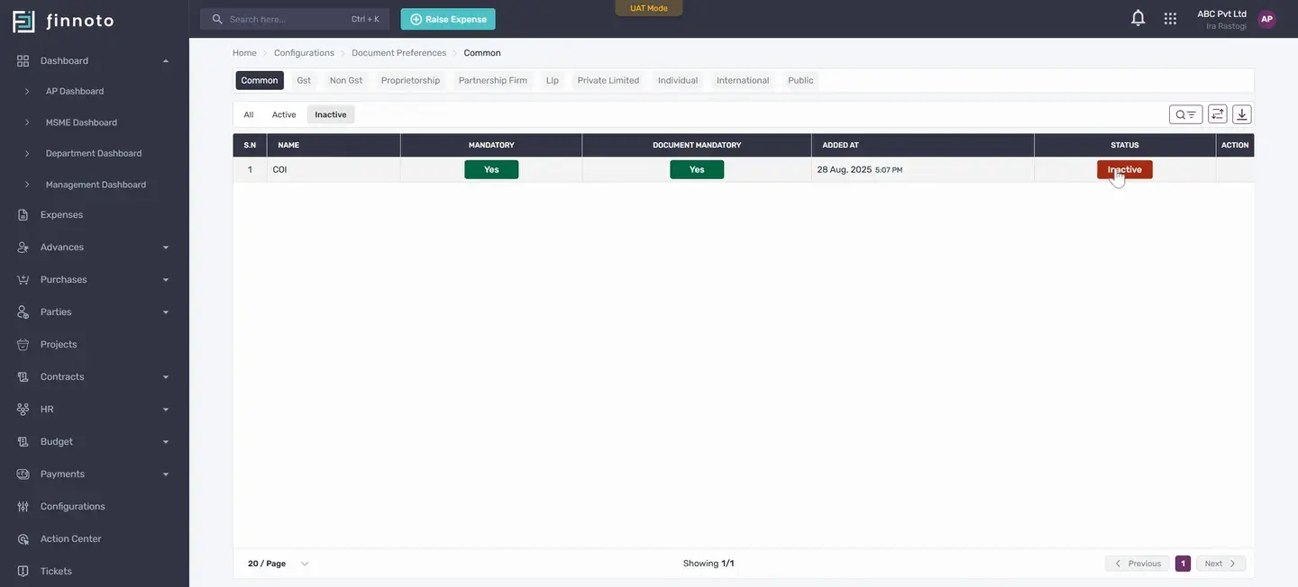 The document will now appear in the deactivated section and will be removed from the document reference list.