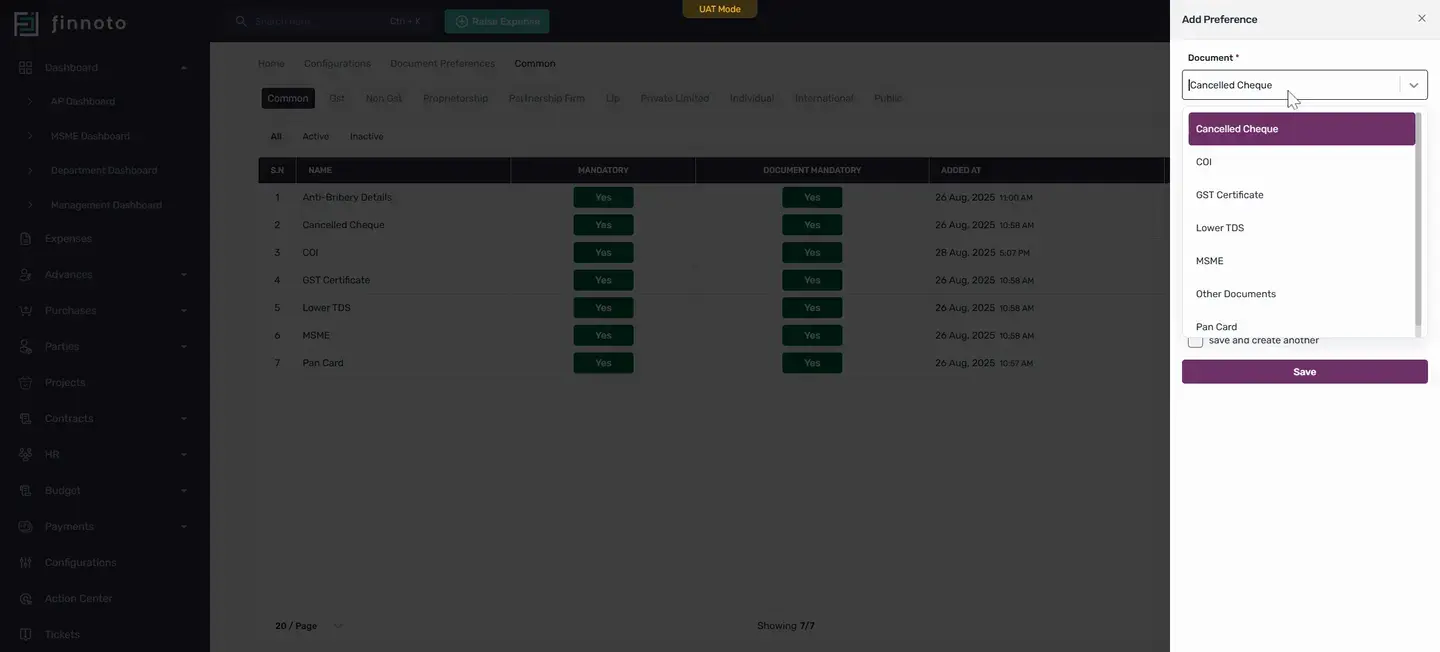 To add a document not provided in the selection list, select Other Documents.
