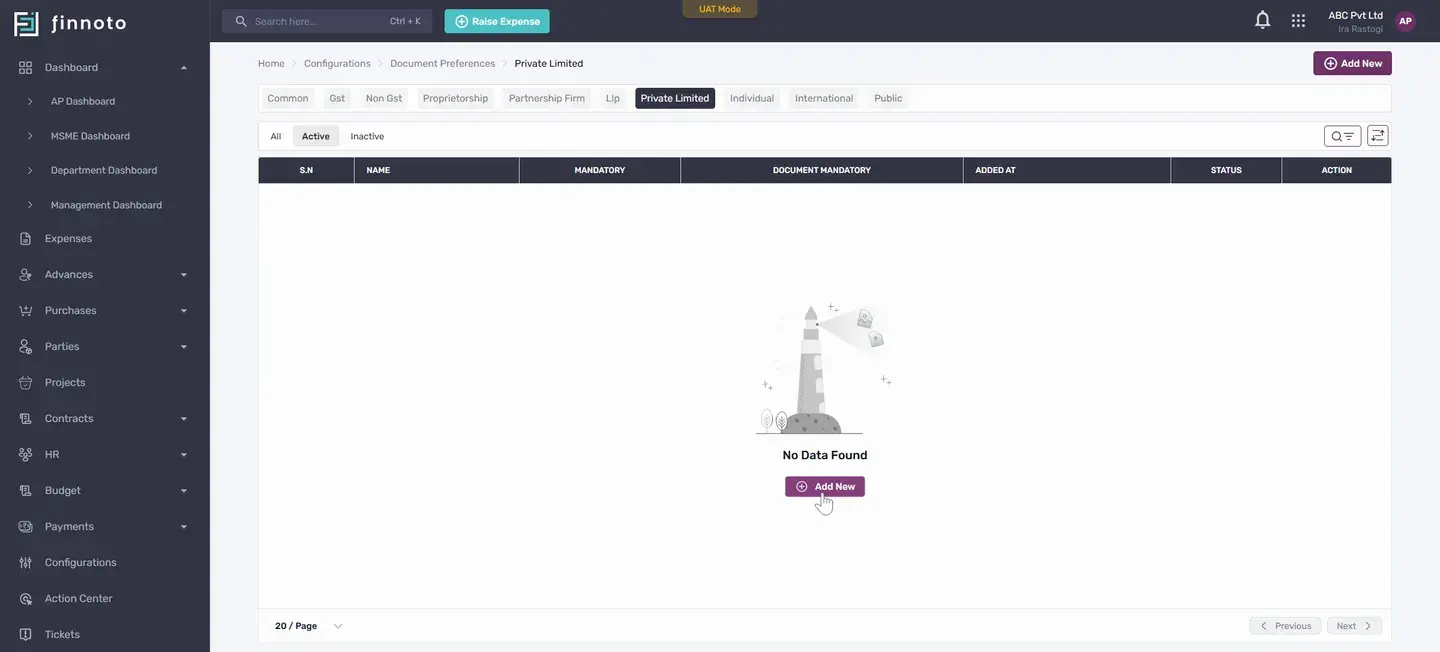 To set separate documents for private limited vendors, switch on this option and click Add New.