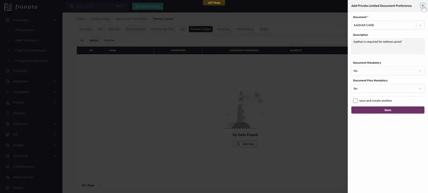To set separate documents for private limited vendors, switch on this option and click Add New.