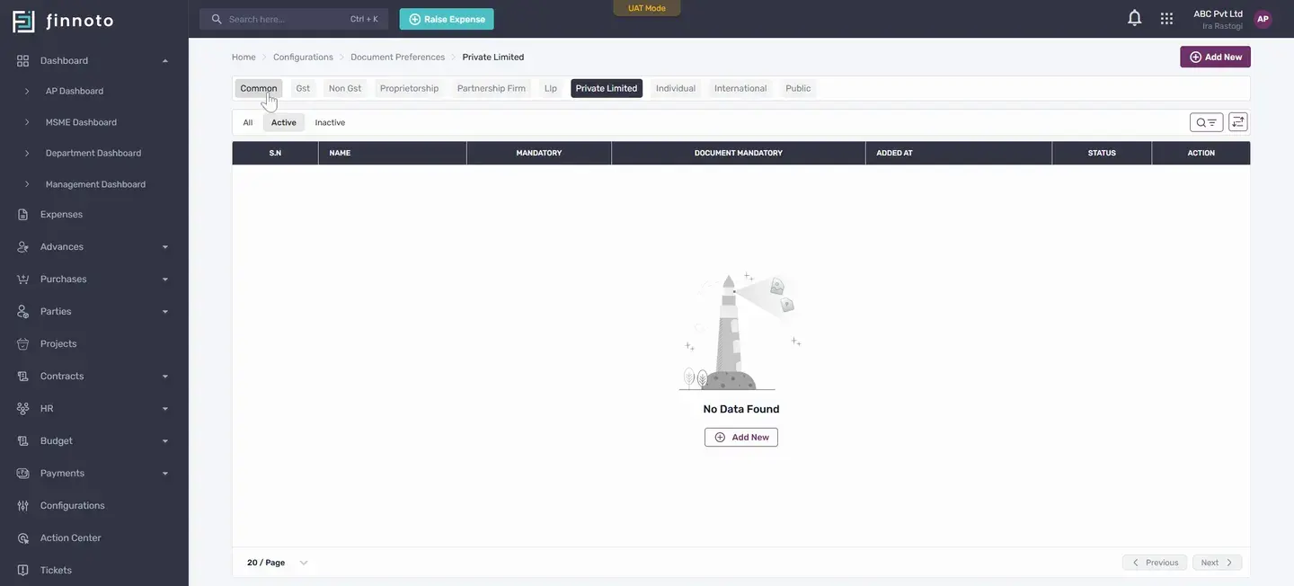 To set separate documents for private limited vendors, switch on this option and click Add New.