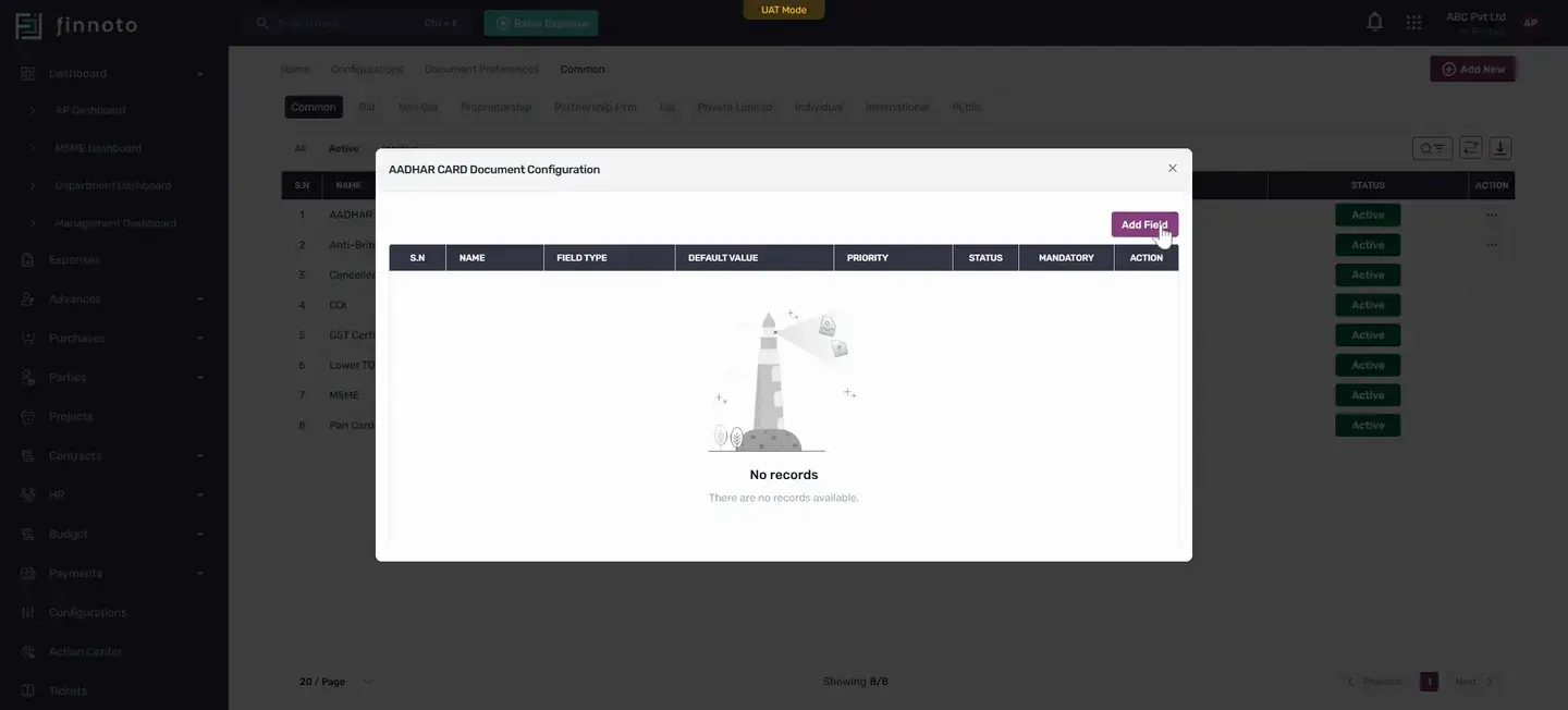 For added documents not in the list, you can add configurations.