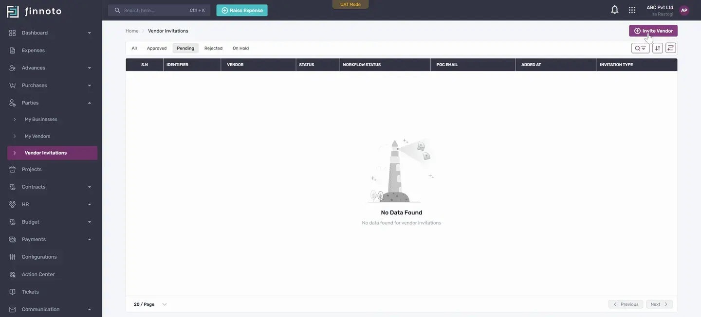 On the Vendor Invitations page, click on Invite Vendor