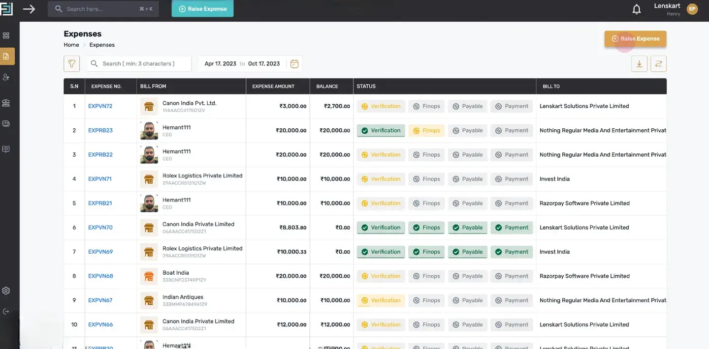 Click on the "+Raise Expense" button given on the top of the portal.