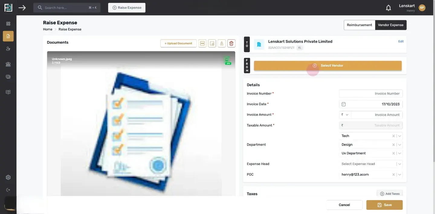In the "From" field, click on the "+Select Vendor" button. A list of vendors attached to the selected business will appe