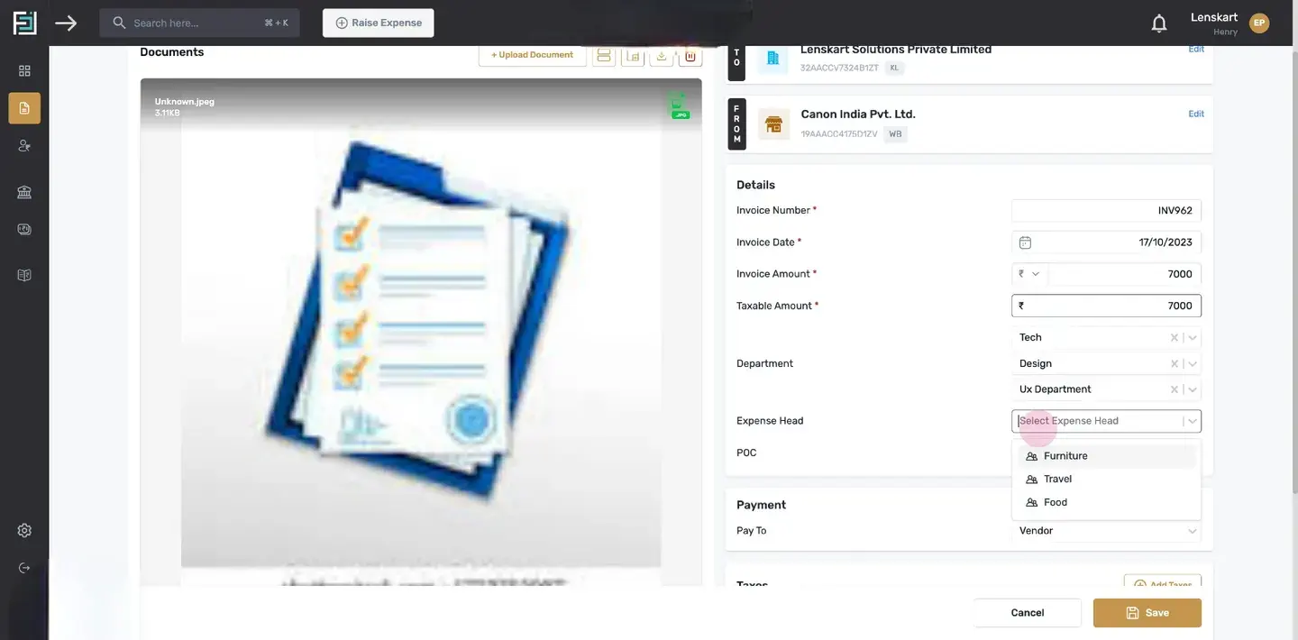 Select "Department," "Expense Head," and "POC Email" from their respective dropdown menus.