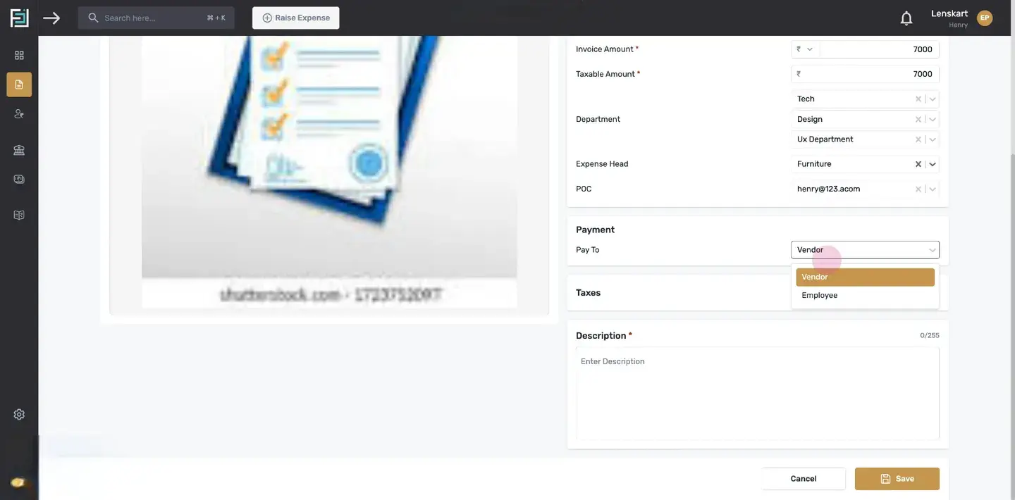 Note:The selector has two options: "Vendor" and "Employee." If the payee is an employee, choose "Employee" and select th
