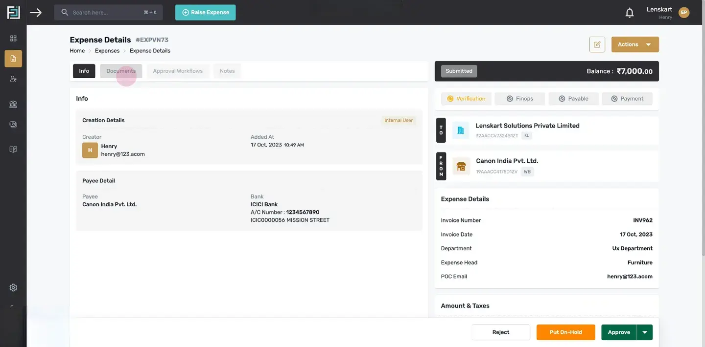 After filling in all the details, click the save button to save the expense. Once saved, the expense details page will o